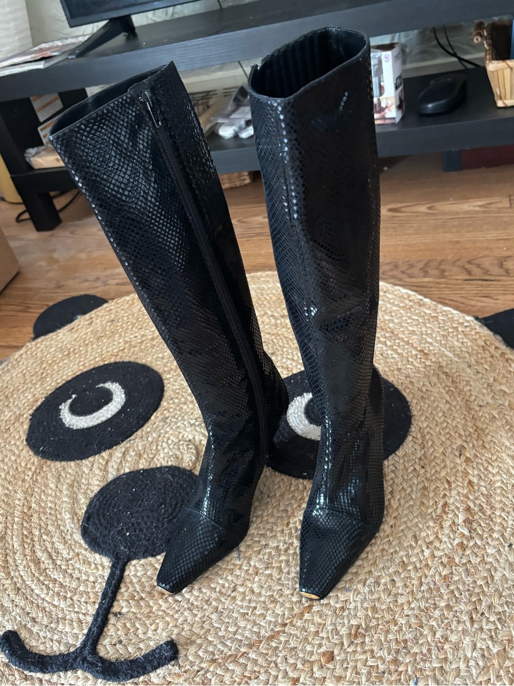 Timothy Hitsman black Knee-High Pointed Toe Patent Snake-Embossed Boots